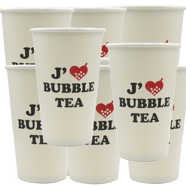 10X GOBELETS EN CARTON IMPRIM&Eacute; J'AIME BUBBLE TEA &Oslash;90 16OZ 