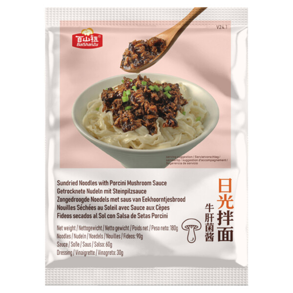 NOUILLES CHINOISES SAUCE AUX CHAMPIGNONS MARIN&Eacute;S 180GR BAISHANZU