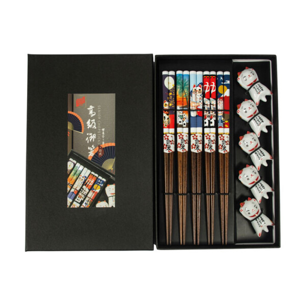 5 PAIRES DE BAGUETTES LUCKY CAT AVEC REPOSOIR