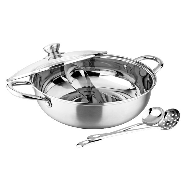 MARMITE &Agrave; FONDUE CHINOISE HOT POT INOX COUVERCLE EN VERRE 28 CM + CUILLERES