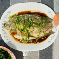 蒸鱼 (zhēng yú) : Poisson à la vapeur garni de gingembre, d'oignons verts et de sa