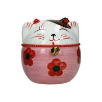 tirelire chat maneki-neko ceramique peint a la main c 10cm - rose