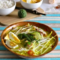 Soto Ayam : Soupe de poulet aux herbes avec du riz et des nouilles