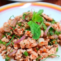 Lap kai : Salade de poulet haché, assaisonnée de jus de citron vert, de piments, d'herbes et d'épices.