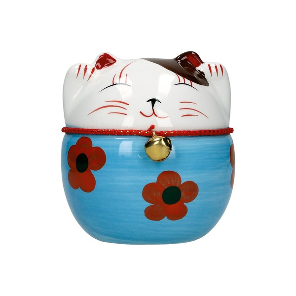 tirelire chat maneki-neko ceramique peint a la main a 10cm - bleu