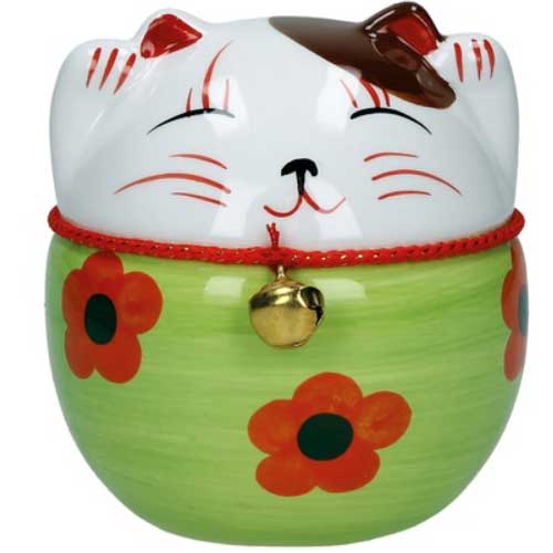 tirelire chat maneki-neko ceramique peint a la main d 10cm - vert pomme